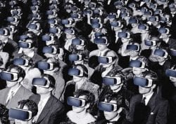 Black and white vintage audience wearing VR headset