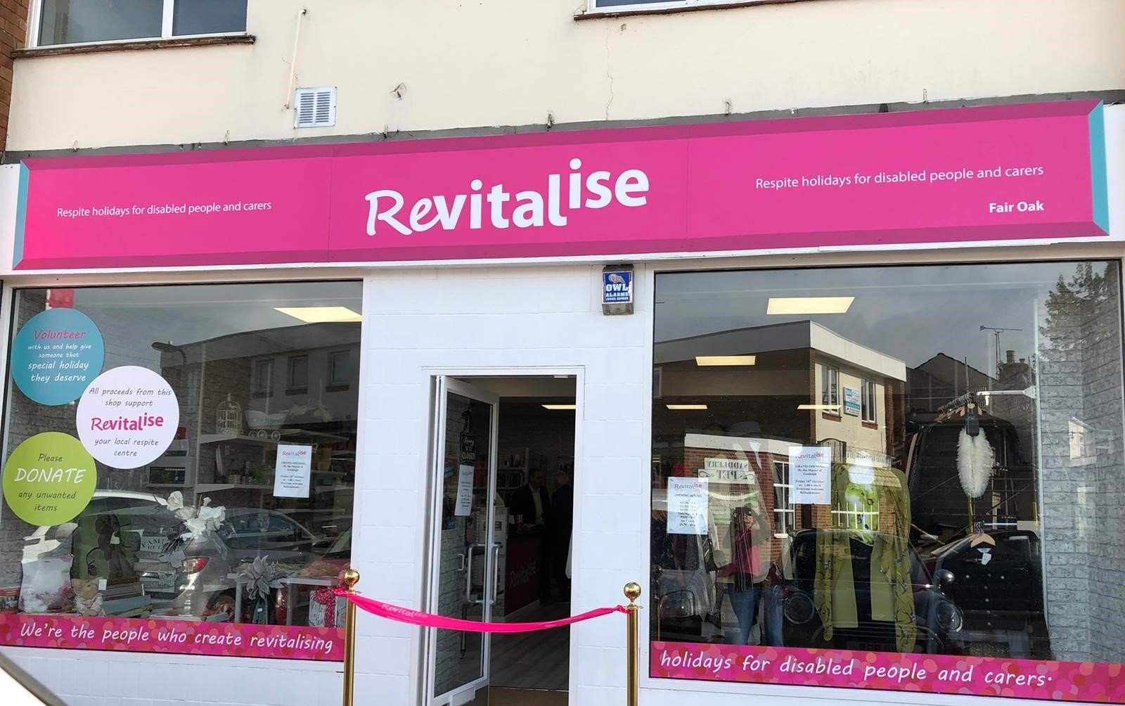 Exterior of Revitalise Fair Oak charity shop on opening day