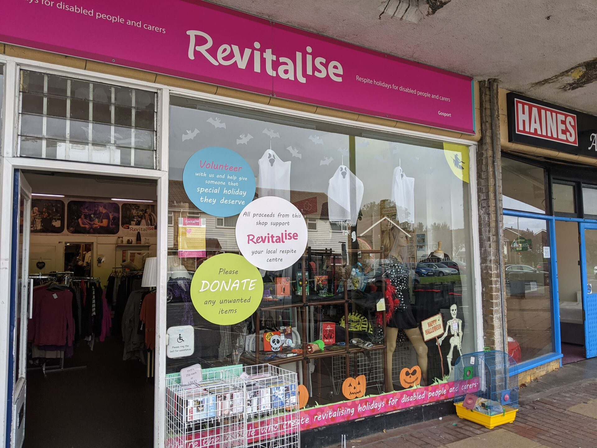 Exterior window display from Revitalise charity shop at GosportRevitalise charity