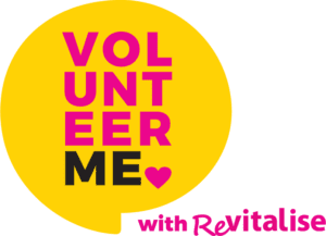 Graphic logo with text: Volunteer Me with Revitalise