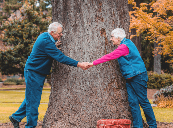 Elderly couple holding hands around tree in autumn