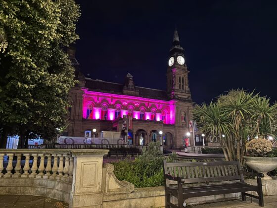 Atkinson Southport lit up pink to support Revitalise
