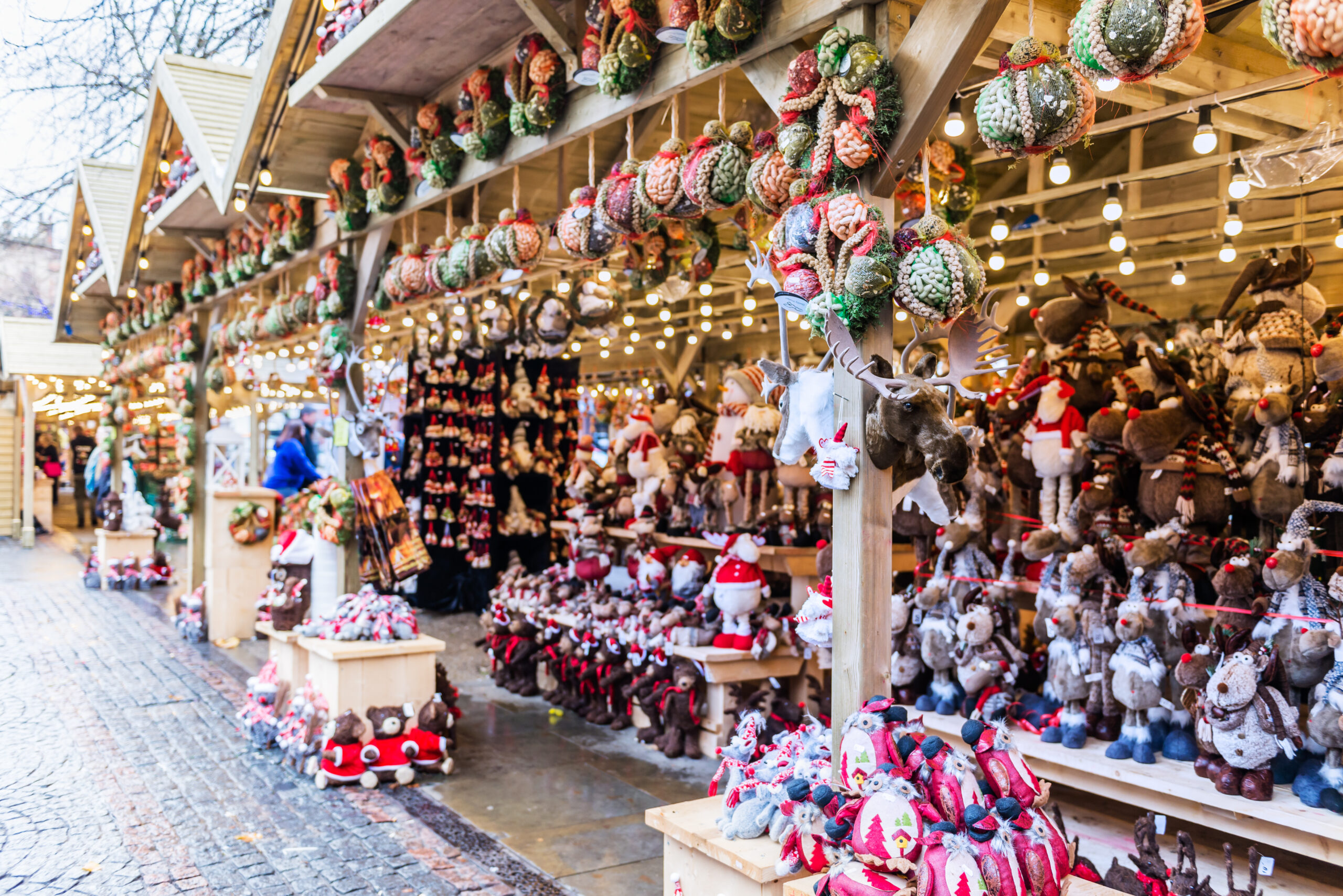 Christmas Market stall near Town Hall on Albert Square in Manchester, UK