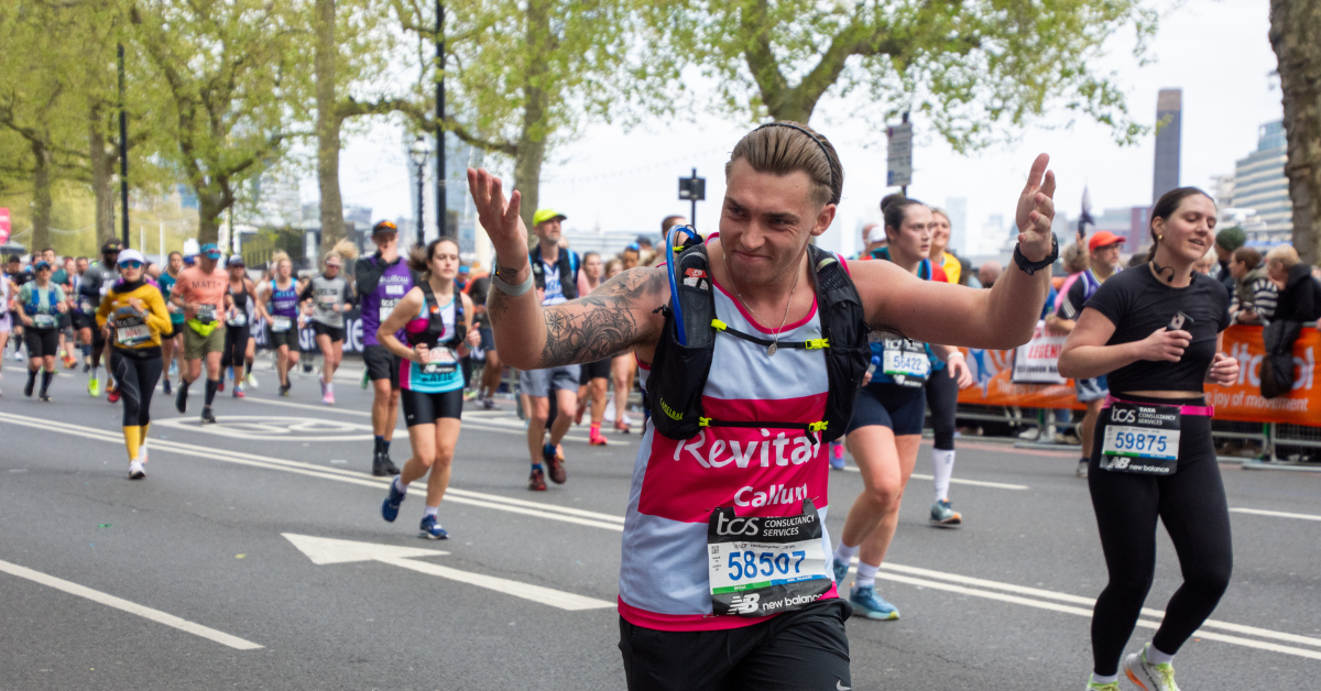 A runner from Team Revitalise running the London Marathon 2024 to raise funds for respite breaks for disabled people and their carers.