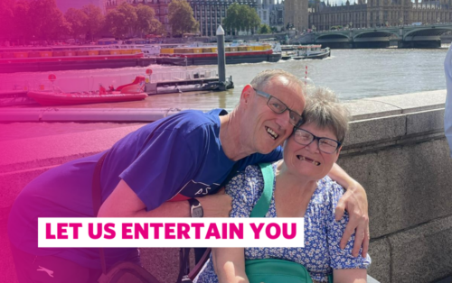 Image of our guests on a day trip to London. The guests are smiling at the camera and are posing in front of Westminster. There's a pink overlay on the image with the text: Let us entertain you