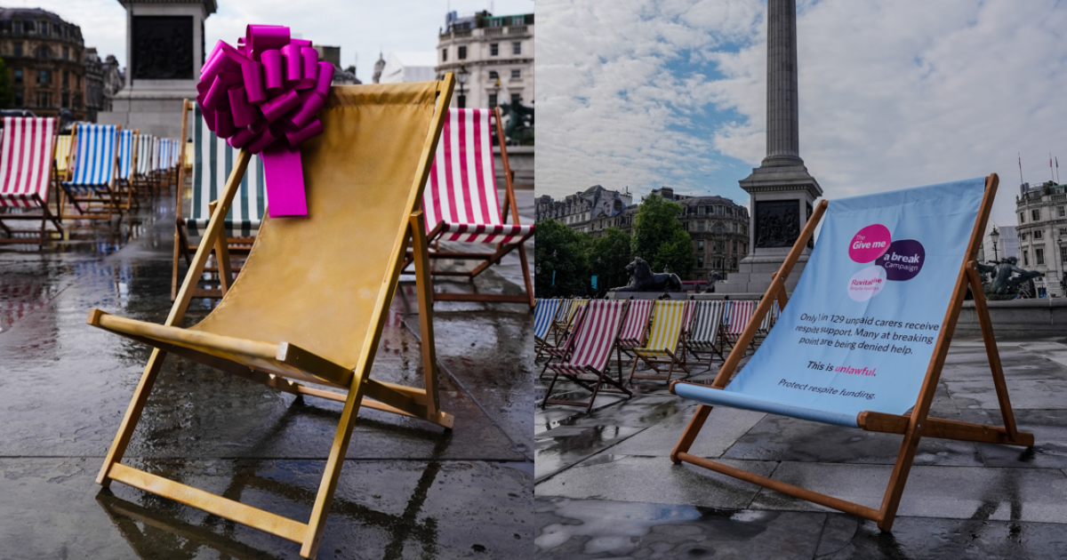 The graphic showcases two images. One of them is of a golden deckchair with a pink bow on it. The other one is of a giant deck chair with the Give me a break message printed on it.