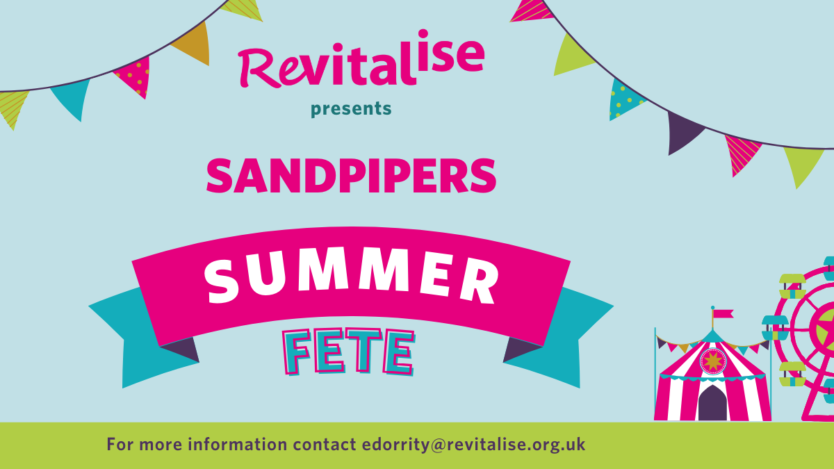 Blue coloured background with stylised text which reads: Revitalise presents Summer Fete, A day of fun and adventure for the whole family.