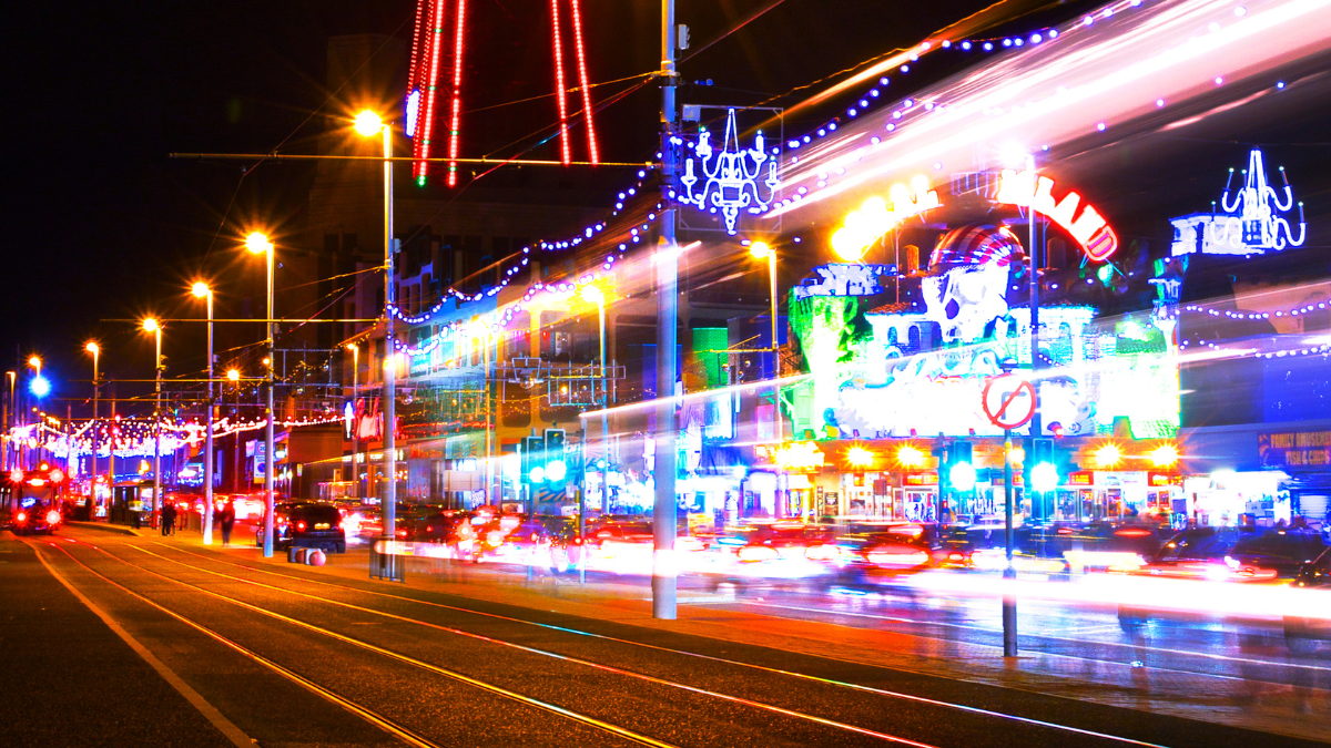 Blackpool city illuminated with twinkling lights at night time in preparation for Christmas.