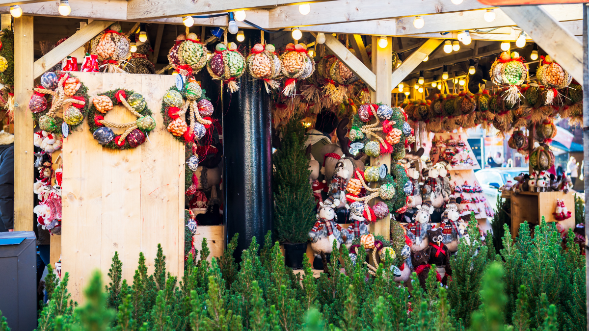 Christmas Market stall near Town Hall on Albert Square in Manchester, UK