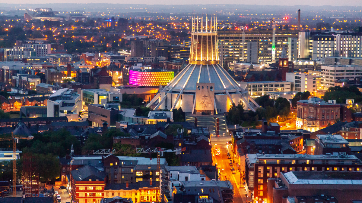 Liverpool illuminated with twinkling lights at night time in preparation for Christmas.